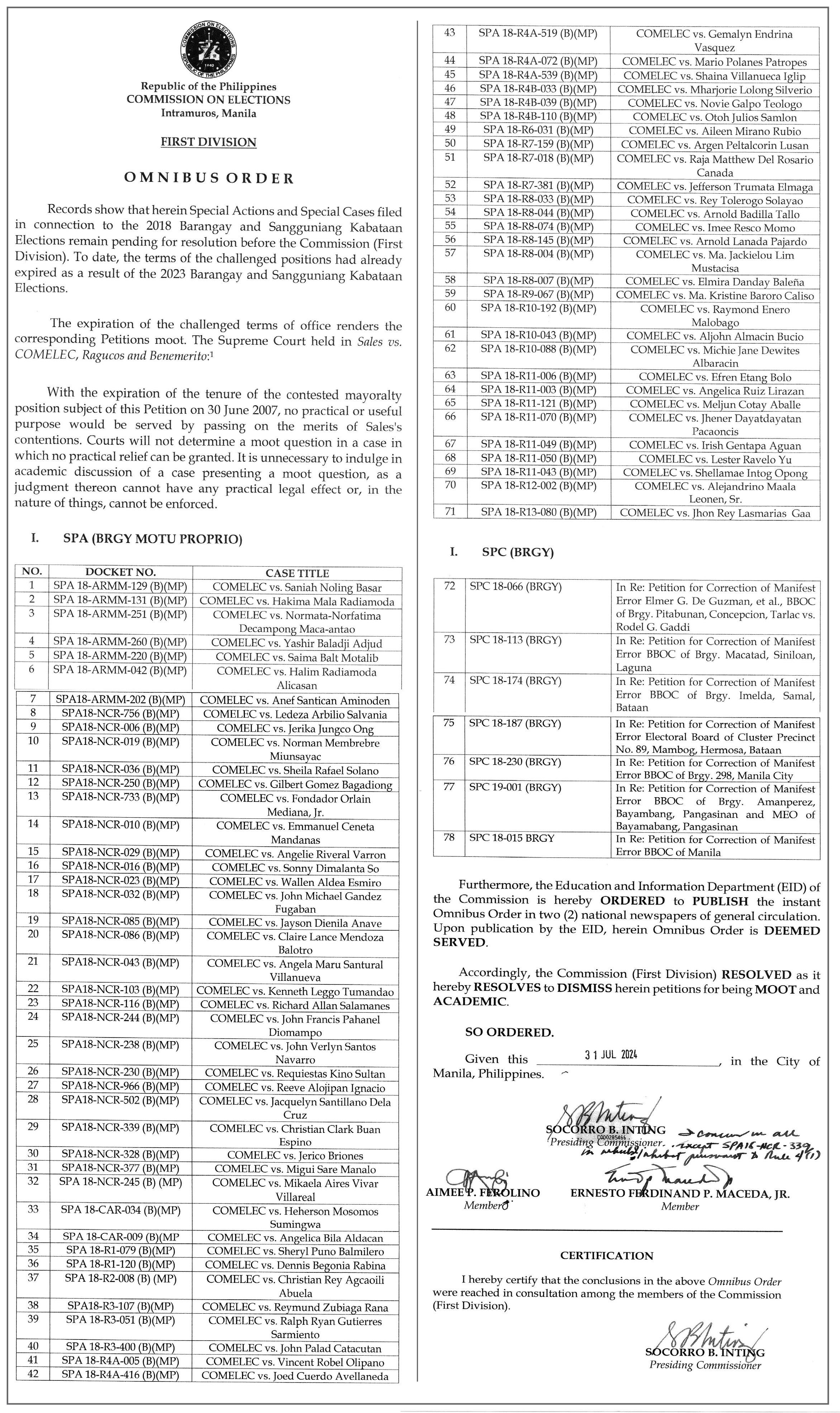 Omnibus Order - First Division